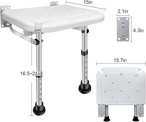 Miniatura 2 de Asiento de ducha plegable, altura ajustable, taburete de seguridad de baño montado en la pared con patas de apoyo antideslizantes y ranura para
