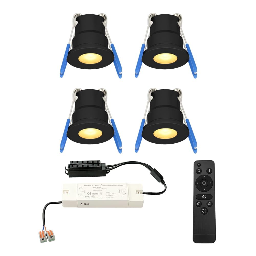HOFTRONIC - 4x 12V Milano Mini LED recessed spotlight - Black 3W IP65 waterproof 2700K warm white ceiling recessed aluminium ideal for roof terrace, bathroom, shower - With transformer