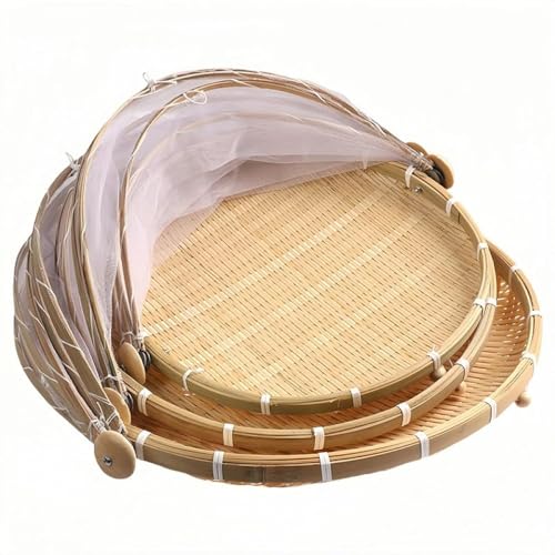 GEBYUI 厨房用天然竹製?网?晒? 青竹素材で?形?盖 透气防虫防? 柳條円形托?付 梅干干菜の?晒に適し ?物?水架として可動 天然竹收?用厨房用具?