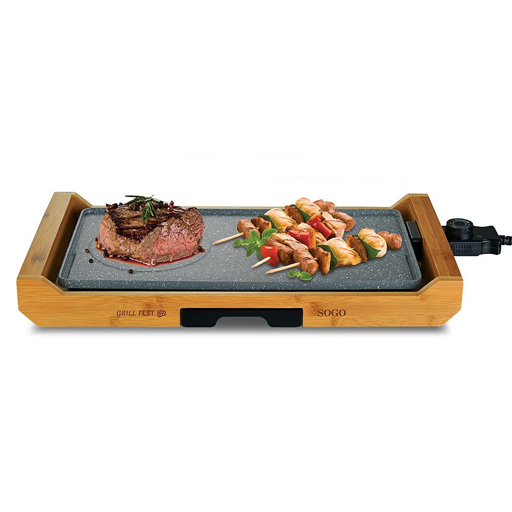 SOGO Piastra elettrica grill 43x23 cm con rivestimento antiaderente effetto pietra e base in bambù 2200W