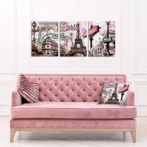 Decor Mi Paris Canvas Wall Art Pink Eiffel Tower Paris Decor For Bedroom Canvas Print Wall Art Girls Romantic French Cityscape Framed Print Oil Paintings Living Room Bathroom Kitchen 12X16Inch 3 Piece #TOP7