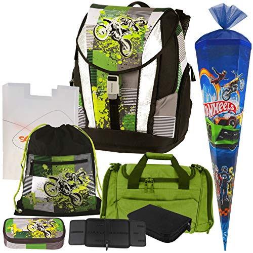 Moto X - Motocross Cross Motorrad Crossrider Motobike Mc Schulranzen Set 7tlg. TOOLBAG Soft Schneiders mit Sporttasche, FEDERMAPPE und SCHULTÜTE