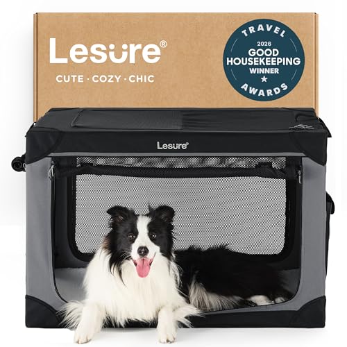 Lesure Shown on TODAY Show Soft Collapsible Dog Crate - 36 Inch Portable Travel Crate for Large Dogs Indoor & Outdoor, 4-Door Foldable Pet Kennel with Mesh Windows, Black