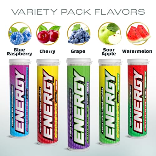 xero picks energy infused flavored toothpicks with caffeine b12 and b6 variety pack 20 count pack of 5 non-gmo kosher vegan