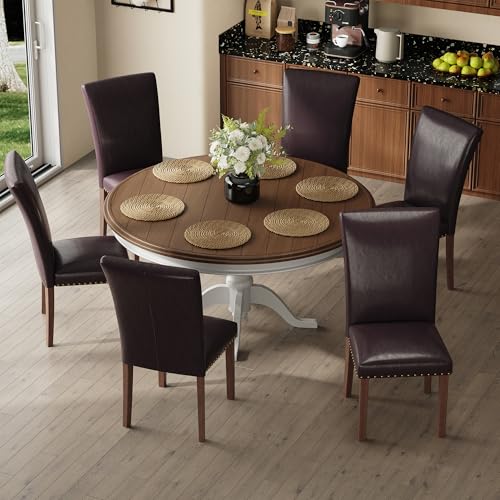 Image of COLAMY Parsons Dining Chairs Set of 6, PU Leather Dining Room Kitchen Side Chair with Nailhead Trim and Wood Legs - Dark Brown