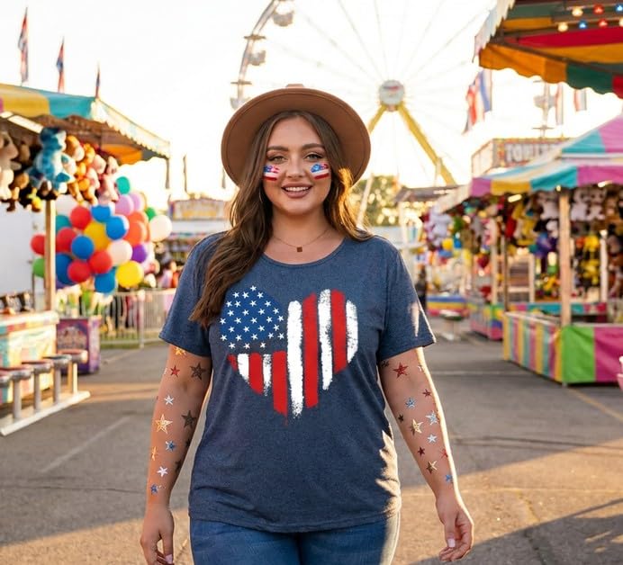 Image of ForHailey Women's 4th of July Patriotic Shirts Graphic Tees USA Shirt American Flag Short Sleeve Tunic Tops
