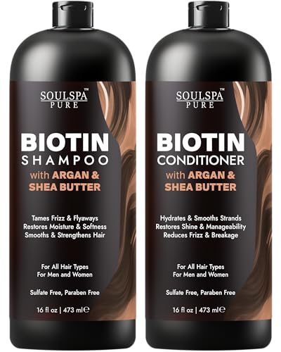 Image of SOULSPA PURE Biotin Argan Oil Shampoo and Conditioner Set - Shea Butter Moisturizing Formula for Curly, Dry & Damaged Hair - Deep Hydration for Men & Women -16 fl oz Each