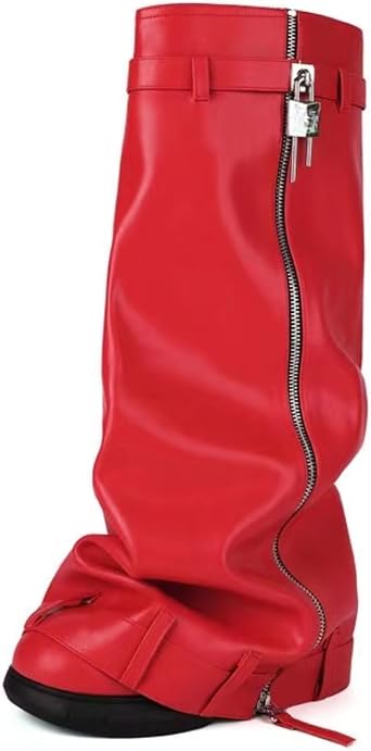 IMPREMEY Womens Fold Over Knee High Boots Platform Heel Padlock Boot with Zipper Denim Jeans Biker Shoes
