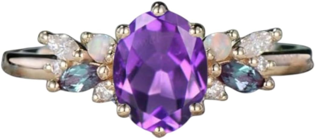 8X6MM Oval Shape Multi Gemstone Bridal Engagement Ring 18K Solid Rose Gold Alexandrite Opal Diamond Cluster Ring Family Birthstone Wedding Jewelry Promise Gift for Wife