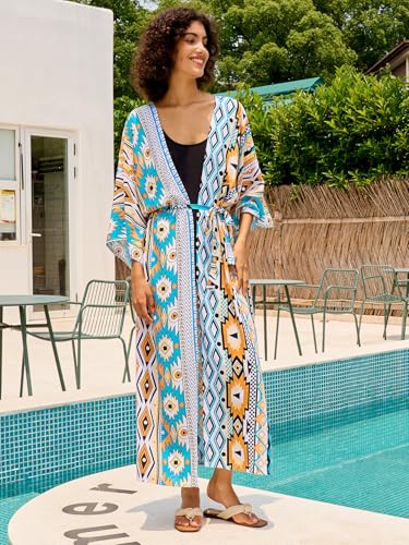 Image of Women's Kimono Cover Up Long Beach Dress Swimsuit Cover Ups Colorful Cardigan Lightweight Robe for Swimwear