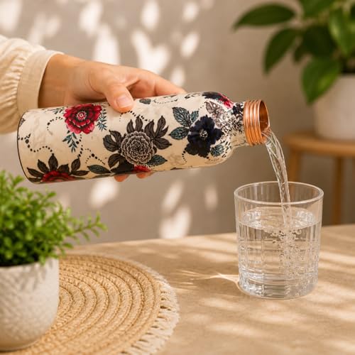 Image of Pure Copper Water Bottle - Handcrafted - Ayurveda health benefits - Large 1000 ml - Leak proof - Easy to carry for Sports, Fitness, Yoga, School- White Base Indigo Blue Floral Peacock Enamel