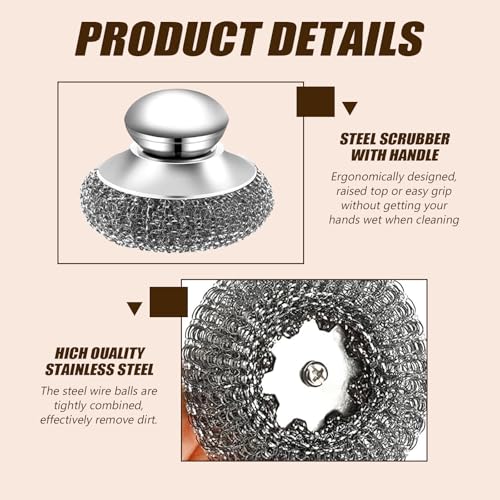 Image of Steel Wool Scrubber with Handle, Cast Iron Scrubber, Stainless Steel Scrubber, with 5 Refills and Long Handle Stainless Pot Brush, Remove Dirt, for Cleaning Stoves, Sinks, Dishes, Grills, Bowls