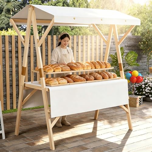 Carretto Ambulante in Legno Pieghevole con Tetto, Carretto per Venditori Ambulanti con Ruote per Festival e Spiagge, Eventi All'aperto, Street Food, Mercati, Portata 550 Libbre(White,150cm/59in)