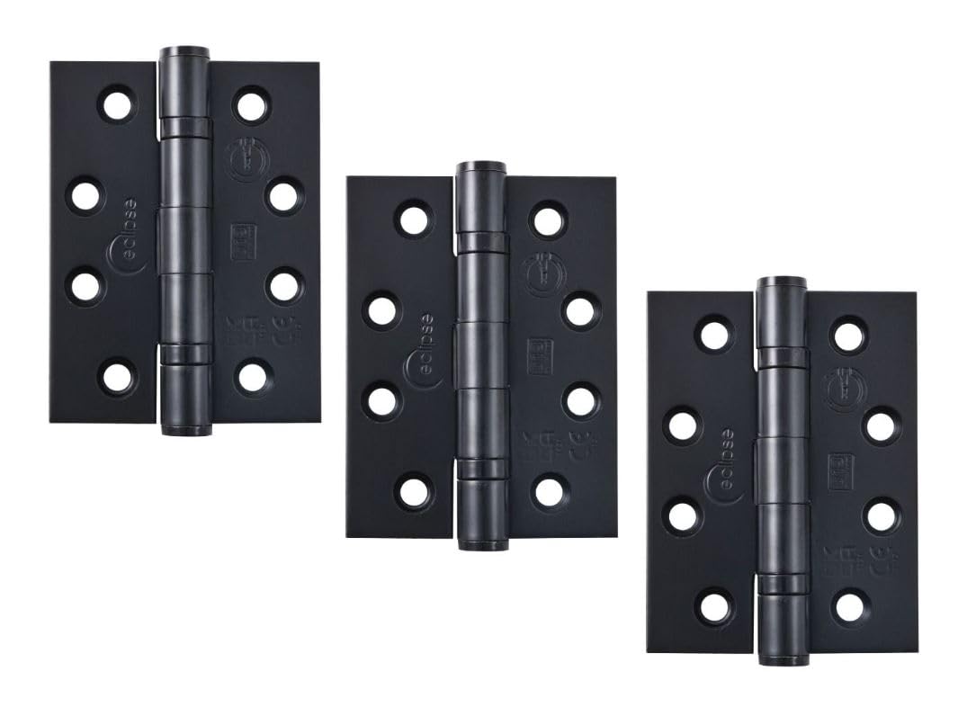 Eclipse Grade 13 Internal Fire Door Hinges, 4 Inch (102mm) Heavy Duty Stainless Steel, Pack of 3 (Matt Black)