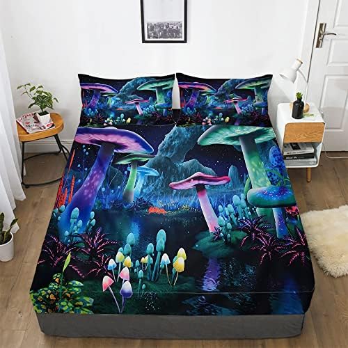NOOS 3D Mushroom Bed Sheet Full Size,Fantasy Forest Mushroom Fitted Sheet Galaxy Space Bedding Set for Teens and Kids 2Pcs(1 Mushroom Fitted Sheet and 1 Mushroom Pillowcases)