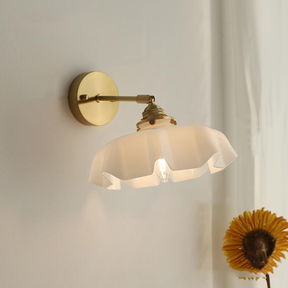 HUAYUSEDF Vintage den Flower Wall Sconce - Hardwired Medieval Milk Glass Adjustable Nordic Modern Mounted Lamp for Bedroom, Living Room, Farmhouse Decor, Elegant Lighting Fixture(White)