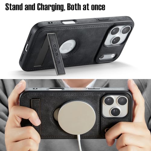 Image of Casus Designed for iPhone 17 Pro Case Compatible with MagSafe Kickstand Vegan Leather Slim Classic Luxury Elegant Thin Protective Cover with Tempered Glass Screen (2025) 6.3 inch - Black