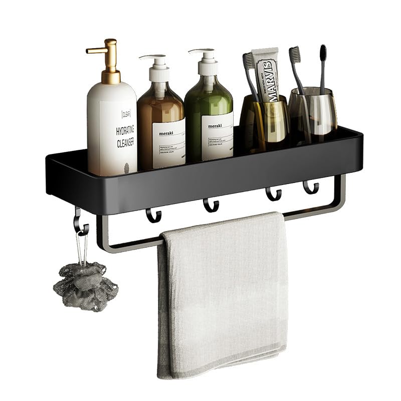 Four Hammer Estantería de ducha sin taladrar, para cuarto de baño, estantería de aluminio, estante de ducha autoadhesivo para baño, inodoro, cocina, con rayas colgantes, negro, 40 cm, con gancho y