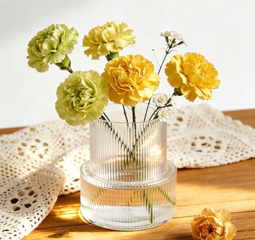 Otauoaea Kleine Glasvasen 20cm Glasvasen Gerippte Vase für Blumen, Durchsichtig Blumenvase Modern, Groß Tulpen Blumenvasen Rosenvase für Deko Wohnzimmer, Tischdeko, Spülmaschinenfest