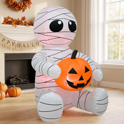 4FT Halloween Inflatable Cut Mummy Holding Pumpkin Blow up Yard Decoration - image 5
