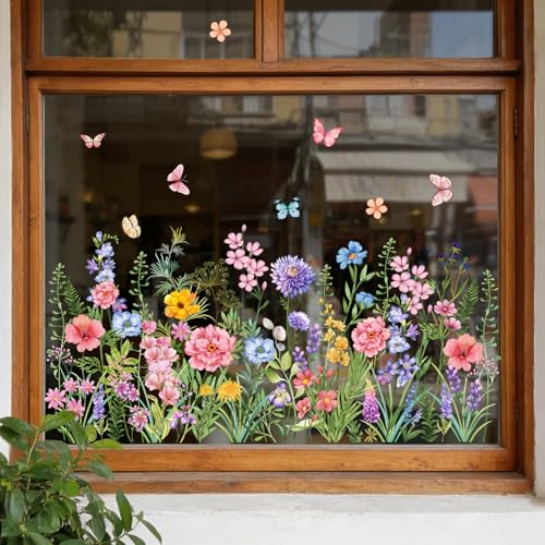 Supzone Fensterbilder Blumen Frühling Sommer Fensteraufkleber Selbstklebend Wildblumen Fenstersticker Anti-Kollision Fensterfolie Glastüren Fensterdeko
