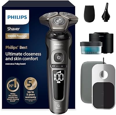 Philips S9000 Prestige, Afeitadora Eléctrica Hombre, Máquina de Afeitar Barba en Seco y Mojado con Tecnología SkinIQ, Funda Premium, Carga Qi, Recortador de Precisión, Centro de Limpieza, SP9882/36