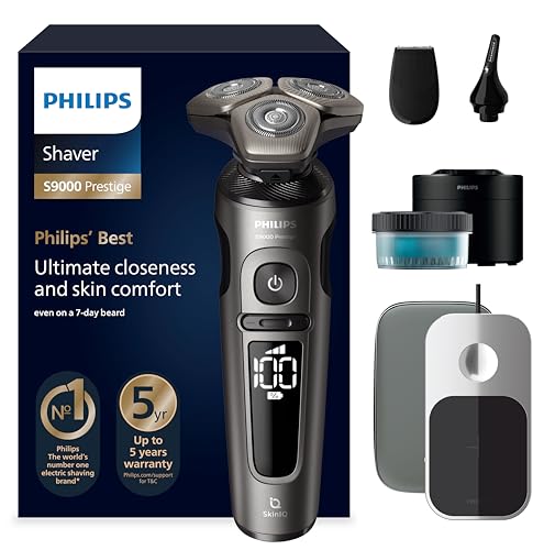 PHILIPS Shaver S9000 Prestige, elektrischer Nass- und Trockenrasierer, Gold, SkinIQ Technologie,...