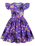 Jurebecia Girls Halloween Nightgowns Pumpkin Cat Candy Print Dresses Flutter Sleeve Nightgown Nightdress Night Dress Pajamas for Little Kids Sleepwear Dark Purple Size 9-10