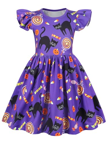 WonderBabe Toddler Girls Halloween Dress Cat Cartoon Print Casual Dresses Flutter Sleeve Outfits Size 6-7