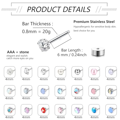 LOYALLOOK 21Pairs 20G Hypoallergenic Stud Earrings Set for Women Men 316L Stainless Steel Cartilage Flat Back Stud Earrings CZ Opal Screwback Earrings Studs Piercing Jewelry Multicolored3