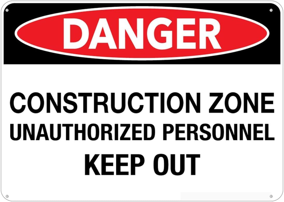 Danger Construction Zone Rust Free Aluminum Tin Sign - Warning Decor with Pre-Drilled Holes for Indoor-Outdoor Road Construction, Building Site - 8x12 Inch​