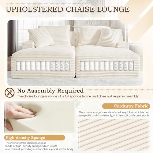 Image of Oversized Chaise Lounge Chair Indoor,78.7 inchW Upholstered Corduroy Cloud Sofa Boneless Couch,Modern Deep Seat Comfy Sofa Chair,Loveseat Sleeper Couch Bed for Livingroom,Bedroom,No Assembly(White)