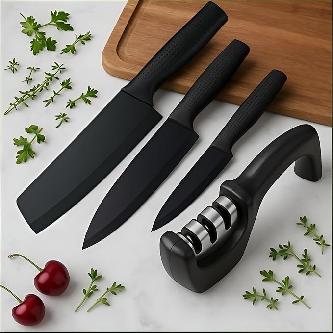 Finalize Knife Set of 3 with Cover, Stainless Steel Knives for Kitchen| Sharp Edge Cutting Chef Knifes for Chopping Vegetables, Fruits, Multipurpose Knife, Kitchen Tools (Set of 3) with (1 Sharpener)