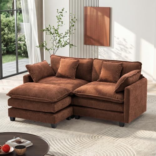 Ihanherry 77" L Shaped Modern Sofa Modular Sectional Luxurious and Comfortable with Ottoman, 3-Seat Chenille Deep Seat Sofa with Pillow for Living Room, Bedroom and Apartment,Brick Red