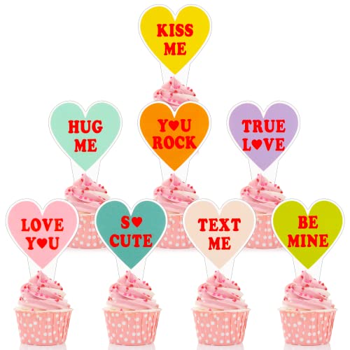 72 Pieces Valentine Conversation Heart Cupcake Toppers Kiss Me Hug Me True Love Candy Cake Toppers Picks for Girls Birthday Valentine Theme Party Supplies Decorations, 8 Styles