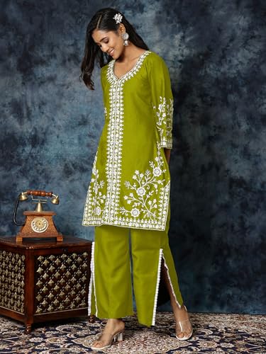 Image of EthnicJunction Women's Cotton Blend Chikankari Embroidered A-Line Kurta Palazzo Set Ethnic Wear Office Wear Daily Wear Festive Kurta Set for Women