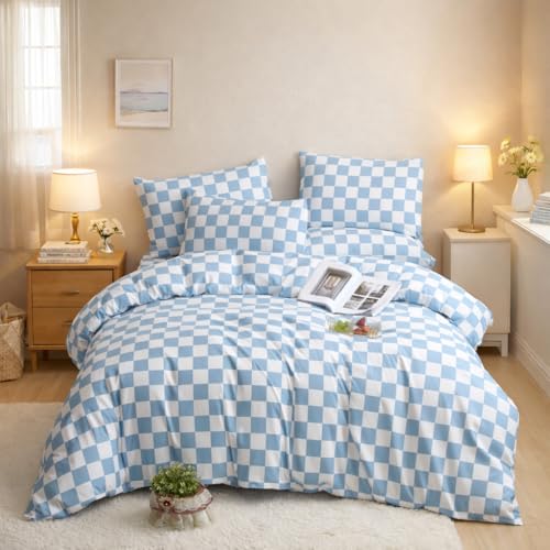 honey qiao Blue Checkered Full Comforter Set, 3-Piece Modern Plaid Bedding Set with Pillowcases, Soft Lightweight All Season Comforter, Minimalist Bed Set for Teens Adults Bedroom