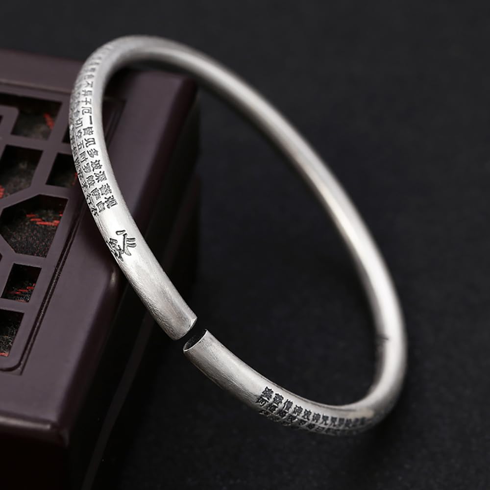Pulsera Retro de Plata Pura 999 Feng Shui, Mantra Budista Tibetano Sutra del corazón, Ajustable Hecha a Mano for Riqueza, Felicidad, Buena Suerte y Prosperidad, joyería Espiritual(C)