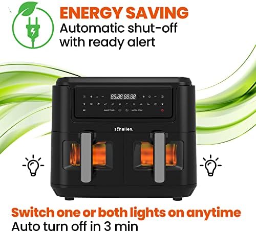 Schallen Healthy Eating Low Fat Large Digital Twin Dual Air Fryer with Double Drawer Non-Stick Cook Frying Trays For Independent Cooking 60 Min Timer in BLACK