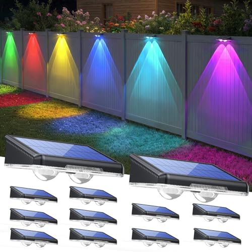 TECKNET Solar Fence Lights Outdoor 12 Pack, Warm White & 6 Colors & RGB, IP66 Waterproof LED Deck Light, Dusk to Dawn Fence Lights Solar for Wall, Railing, Step, Patio, Pool, Backyard, Outside