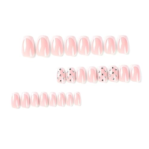 Miniatura 5 de 24 uñas postizas a presión de color rosa, medianas, de forma cuadrada, con pegamento, uñas postizas francesas blancas, uñas postizas simples y
