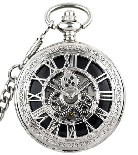DerMacht Steampunk Pocket Watch Silver Skeleton Mechanical Gear Hand-Wind Roman Numerals Antique Chain Mens