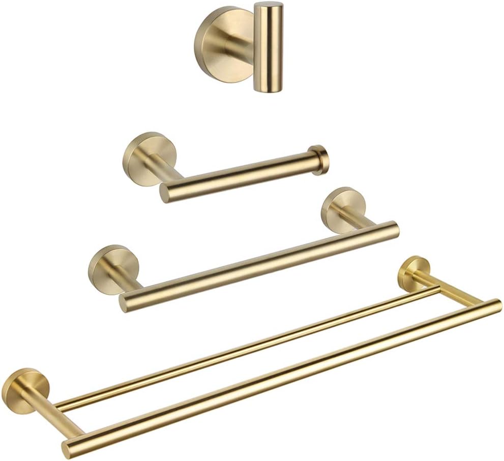 GERZWY Bathroom Hardware Set 4 Pieces Brushed PVD Zirconium Gold SUS 304 Stainless Steel Bathroom Hardware Accessories Sets Wall Mounted Double Towel Bar Towel Holder Hook Toilet Paper Holder