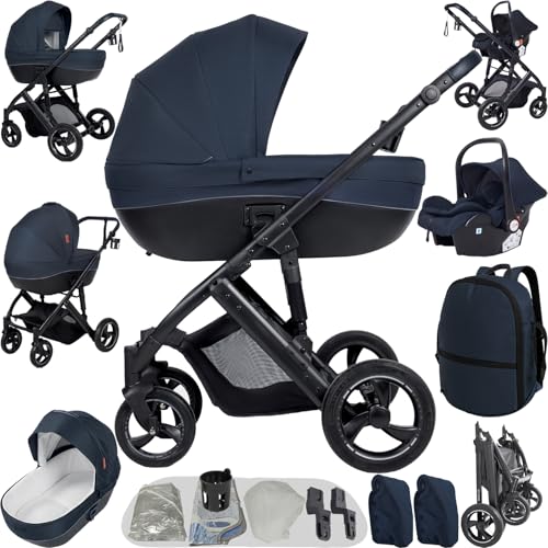 MoLi Wózek dziecięcy Trio, wózek dziecięcy 3 w 1, podwójny dwustronny tryb push, wózek dziecięcy Trio z dużą gondolą, składany aluminiowy wózek dziecięcy (H2 niebieski)