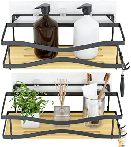 Masoffi Shower Caddy Storage with Hooks, Adhesive Shower Organizer, No Drilling Bamboo Shower Shelf for Inside Shower, 304 Stainless Steel Rustproof Bathroom Shower Rack Basket, 2 Pack Black