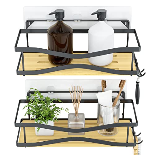 Masoffi Shower Caddy Storage With Hooks, Adhesive Shower Organizer, No Drilling Bamboo Shower Shelf For Inside Shower, 304 Stainless Steel Rustproof Bathroom Shower Rack Basket, 2 Pack Black #TOP20
