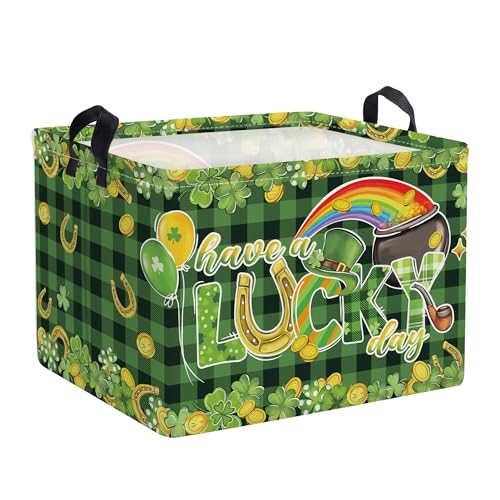 Image of Clastyle Lucky Clovers Saint Patrick's Day Baby Gift Basket Collapsible Rectangle Gold Coin Kid Toy Storage Box Rainbow Plaid Clothes Book Shelf Basket, 36L Green