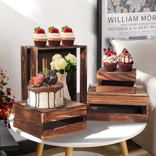 8 Pcs Buffet Risers with Mini Signs, Rustic Wood Cake Stands, Food Risers for Buffet Table, Dessert Display Stand, Wood Crates, Rustic Cake Stand for Party, Wedding, Birthday, Baby Shower, 4 Sizes by Cecnamt - Image 3
