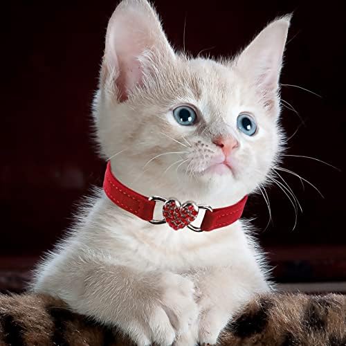 2 Pcs Kitten Collars with Bells,Safety Release Lovely Cat Collar,Safety Collar Adjustable Elastic Strap,Crystal Heart Pendant Cute Pet Supplies for Small Animal Indoor Outdoor 8-10 inch Black+Red