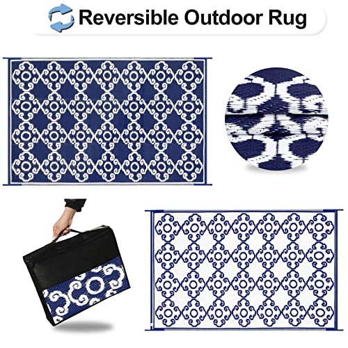 Outdoorlines Indoor Outdoor Rugs For Patio 4X6 Ft - Reversible Outside Carpet, Stain & Uv Resistant Portable Rv Mats, Plastic Straw Rug For Camping, Pool Deck, Porch Moroccan Flower Navy & White #TOP2